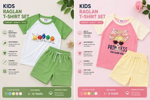 Ensemble T-shirt et short pour enfants en coton 100% à manches raglan, col rond, deux pièces, vêtements décontractés d'été - Product Image 4