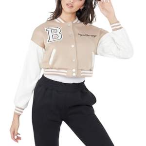 Stylish cropped varsity <b>jacket</b> with contrast <b>sleeves</b> bold B patch and ribbed trim giving a trendy streetwear and sporty casual - Product Image 2