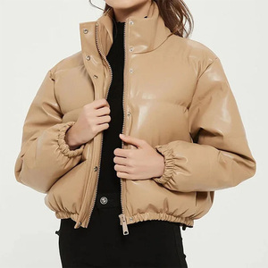 Chaqueta de Invierno para Mujer, Cuello Alto, Un Solo Botón, Parka Corta Gruesa, Abrigo Acolchado de Cuero PU y Algodón, Negro, Corto - Product Image 2