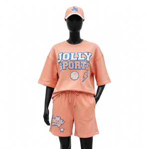 ชุดเสื้อและกางเกงขาสั้นผ้าฟลีซผสมคอตตอนพรีเมียมสำหรับผู้หญิง 280 GSM สีพีช พิมพ์ลายโลโก้ตามสั่ง เสื้อยืดและกางเกงขาสั้นผ้าฝ้าย 100% - Product Image 6