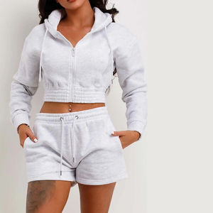 Crop Top Hoodie Short Jogger Set Ropa de mujer Sudadera con capucha en blanco y pantalones cortos Set Custom Mujer Casual Set - Product Image 4