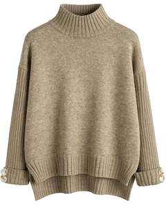 Ensemble de pull en tricot taupe personnalisé et pantalon large pour femmes, pull à col montant, vêtements de détente confortables pour l'hiver, fabricant personnalisé OEM - Product Image 1