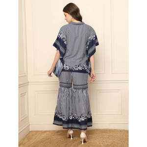 DEEBACO ชุดเซ็ตเสื้อคลุมยาวลายทางสีน้ำเงินสำหรับผู้หญิงพร้อมชุดชาราร่าความยาวระดับข้อเท้าชุดตะวันตกชุดฤดูร้อนฤดูใบไม้ผลิ - Product Image 4