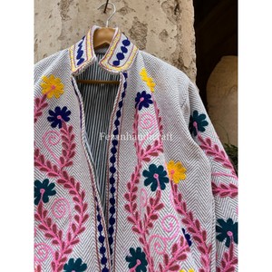 Unisex Short <b>Coat</b> with Designer Cotton Jute Fabric Jacket Uzbek Embroidery Suzani Women's <b>Coat</b> for Autumn - Product Image 2