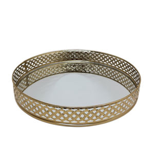 Set of 2 Glass & Iron Round <b>Mirror</b> Tray Matt Brass Gold Color Large Size Metal <b>Mirror</b> Tray for Hotels and <b>Table</b> <b>Top</b> Decoration - Product Image 1