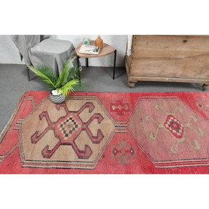 Alfombra de área de lana turca Vintage, diseño de retazos rojo y Beige, técnica de tejido plano de 3,4X10,6 pies para decoraciones de sala de estar - Product Image 2