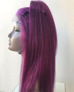วิกผมสั้นบ๊อบแท้สีสันสดใสวิกผมแท้เอชดีมีลูกไม้ปิดสีสีม่วง