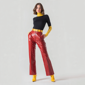 กางเกงหนังมีเชือกผูกเอวสำหรับผู้หญิงกางเกงหนัง PU สำหรับสตรี - Product Image 3