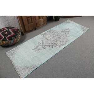 Alfombra Turca de 2.7x7.5 pies, Alfombra Vintage, Alfombra de Lana a Rayas Azul Gris - Product Image 2