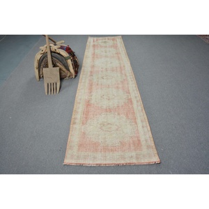 2.8x10.9 ft Turkish <b>Runner</b> Rug, <b>Red</b> White Vintage Moroccan Wool Rug - Product Image 1