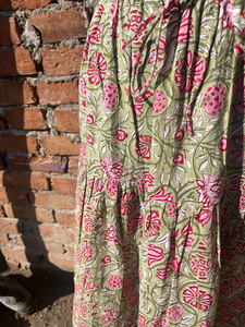 Indian Hand Block Printed White Cotton Long <b>Skirt</b> Dress for Women Casual Style <b>with</b> Embroidered Waistband Breathable <b>Elastic</b> - Product Image 3