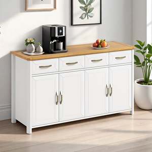 Modern <b>White</b> Sideboard <b>Cabinet</b> with Wood Top and Brass Handles for Kitchen <b>Storage</b> - Product Image 1