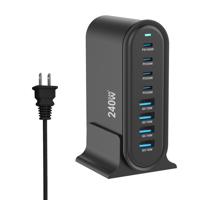 240W USB-C 8-Port PD GaN Charger PD3.0 QC3.0 Fast Charging for MacBook Pro/Air iPad iPhone 14 13 Pro Max Galaxy Block