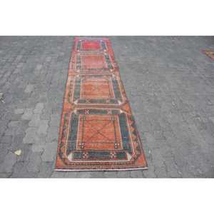 2.6x11 ft Vintage Rug, Rug, <b>Red</b> Floral Rug <b>Wool</b> - Product Image 1