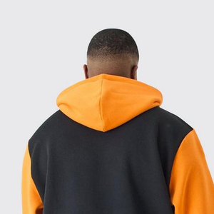 Hoodie pria ukuran besar 480 GSM dua warna blok kontras jahitan berkerudung 3D bordir <span class=keywords><strong>Patch</strong></span> terbuat dari bulu - Product Image 4