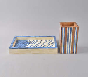 Plateau de service rectangulaire en bois de manguier fait main avec incrustation de résine jaune et bleue vibrante, motif marocain, plateau ottoman décoratif - Product Image 2