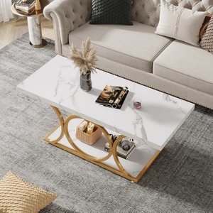 Table basse moderne en marbre à 2 niveaux, écologique, avec pieds géométriques et étagère de rangement pour salon - Product Image 6