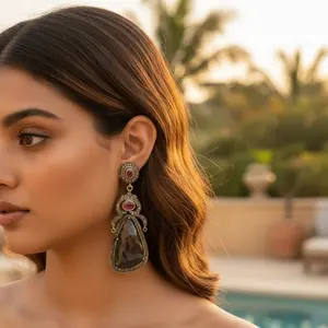 Boucles d'oreilles en forme de lustre pour femmes, saphir et rubis, plaqué or, avec perle et diamant, pour mariages et fêtes - Product Image 1