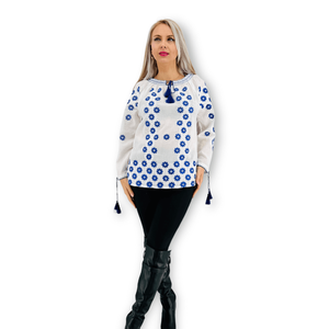 Blusa rumana con borla y cuello redondo de manga larga bordada con flores y estrellas - Product Image 1