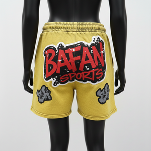 Shorts de sport en molleton de coton 320 GSM de haute qualité, jaune délavé, tissu doux, logo personnalisé imprimé en relief, shorts pour femmes - Product Image 6