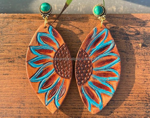 Nouvelle arrivée Style occidental usiné à la main sculpture boucles d'oreilles en cuir femmes mignon à la mode larme boucle d'oreille en cuir usiné bijoux de mode - Product Image 6