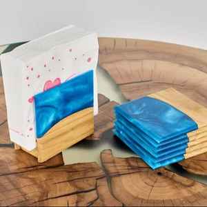 Porte-serviettes en bois et résine bleue fait main pour cantine, cuisine et table, anneau de serviette, produit écologique, fabriqué en Inde - Product Image 1