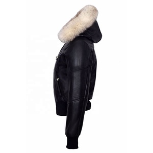 RIVIAN ATLANTIC Premium Chaqueta con capucha de cuero genuino negro para mujer, chaqueta de cuero estilo bombardero con capucha - Product Image 5