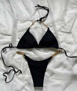 Ensemble de bikini personnalisable avec micro-soutien-gorge, motifs à carreaux, fruits, animaux et unis, décorations en strass et dentelle, logo sur la taille avant - Product Image 1