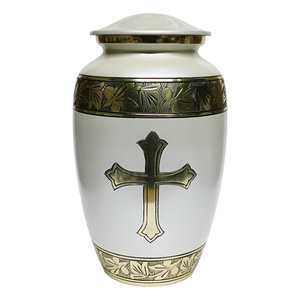 Urna de cremación blanca y dorada con urna funeraria cruzada para adultos para cenizas humanas, urna conmemorativa religiosa con diseño de hoja grabada - Product Image 1