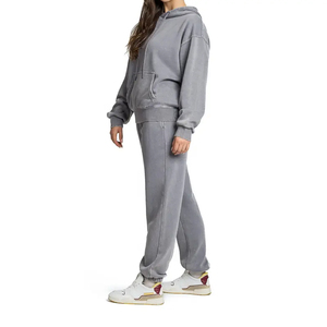 Nuevo diseño Logo Algodón Vintage Sudadera con capucha Jogger Sweatsuit Venta al por mayor French Terry 2 piezas Set Mujeres Acid Wash Chándal - Product Image 4