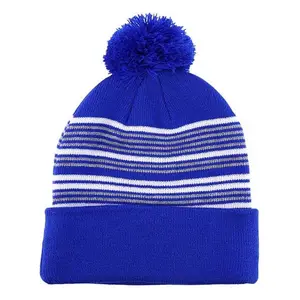 Topi Beanie Unisex desain bergaris warna biru dan putih 100% katun rajut Pom Beanie olahraga luar ruangan hangat musim dingin