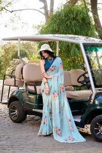 คอลเลคชั่นล่าสุด ผ้าซารีลายหินอ่อนพิมพ์ลายดอกไม้ พร้อมขอบลูกไม้ประดับมุก ขายส่งจากโรงงาน ซื้อออนไลน์ได้ในอินเดีย - Product Image 5