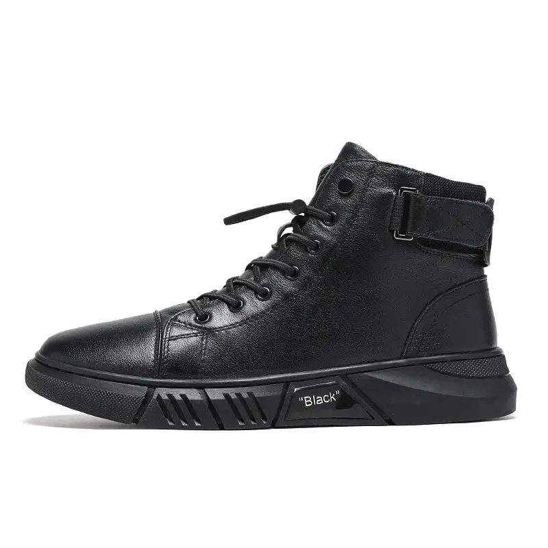 Custom All Black Hight Top Synthetic PU Leather Sneakers Casual Shoes Manufacturer for Man