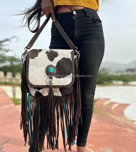 New Western Style Hair on Hide Fur Leather <b>Beads</b> <b>Fringe</b> Bag High Quality Boho Women Leather Turquoise Stone Ideal Size Handbag - Product Image 2