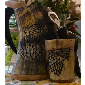 แก้วเบียร์ tankard ไวกิ้งทำด้วยมือจากเขาวัวที่เป็นมิตรกับสิ่งแวดล้อมสัตว์และศาสนาสไตล์สำหรับการเฉลิมฉลองฮาโลวีน - Product Image 3