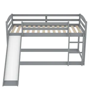 Twin Over Twin Low Beliche com Slide e Escada, Moldura de cama de madeira maciça com Guardrail, Cama para crianças