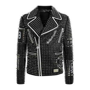 Chaqueta con tachuelas Punk Rock de cuero de vaca 100%, chaqueta de motocicleta para hombre, chaqueta de batalla, calidad Premium - Product Image 1