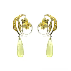 Boucles d'oreilles pendantes de luxe pour femmes, plaquées or, avec pierres précieuses jaunes, motif floral - Product Image 3