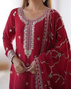 Red Salwar Kameez Dupatta, Pakistani <b>Indian</b> Outfit Dresses, Straight <b>Trouser</b> Kurtis Pant Suits, Gift For Her - Product Image 5