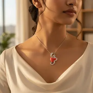 Trendy Women's Silver <b>Red</b> <b>Coral</b> Pendant <b>Necklace</b> Heart Shape Geometric Pattern Gold Plated Brass Diamond Pearl Main Stone - Product Image 3