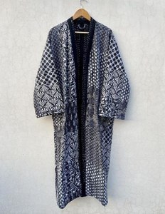 Kimono de algodón puro con cuello en V para mujer, diseño de Casa estampado a mano, manga larga para uso diario, primavera, verano y otoño - Product Image 1