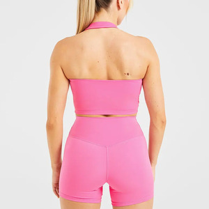Halternack marron café haut de gamme personnalisé pour femmes Halternack haut court extensible beurre doux léger entraînement de gymnastique Sexy haut court t-shirts pour les femmes - Product Image 2