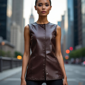 Chaleco de motorista con cremallera de cuero genuino y cuello vuelto personalizado para Mujer | Motocicleta al aire libre piel de oveja cuero algodón a prueba de viento ecológico - Product Image 4