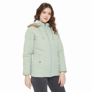 High Quality Wholesale Custom Women's Light Green Quilted Hooded <b>Jacket</b> With Zipper Closure Full Sleeve Autumn Wear - Product Image 3