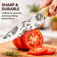 Ensemble de 12 couteaux de cuisine à imprimé floral, ensemble de couteaux de chef en acier inoxydable avec revêtement blanc, avec protège-lames, manche beige pour la maison