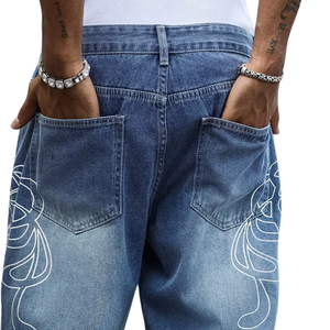Jean en denim bleu pour homme, coupe ample, jambe large, coupe droite, délavé, imprimé, style streetwear, longueur intégrale - Product Image 5