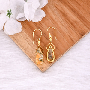 Dernières ventes de boucles d'oreilles pendantes en jaspe abeille naturel plaqué or jaune laiton, fabricant de bijoux sur mesure - Product Image 4