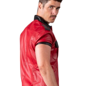 Slim Fit Leather Shirt <b>Red</b> <b>and</b> <b>Black</b> Mens Faux Leather Short Sleeve Fetish Button Down <b>Top</b> - Product Image 3