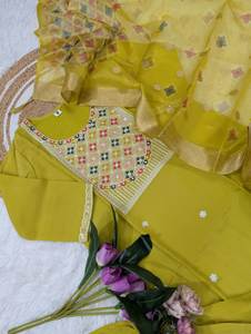 Pure Viscose Assam Silk Fabric Beautiful Neck Design Self Embroidery <b>S</b> To XXL Size Kurti& Bottom With Dupatta Set For Festive - Product Image 4