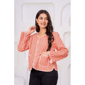 Chaqueta Acolchada de Algodón Hecha a Mano en India, Estampado Floral Color Durazno, Exterior de Cuero Bordado, Logotipo Personalizable, Otoño, Primavera, Invierno, Talla XL - Product Image 2